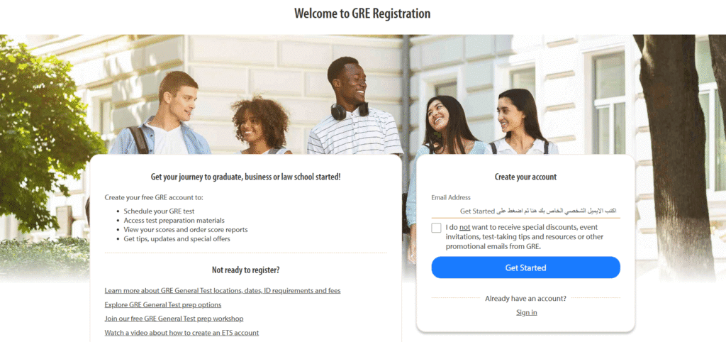 لقطة شاشة توضح خطوات إنشاء حساب جديد على موقع ETS الرسمي للتسجيل في اختبار GRE