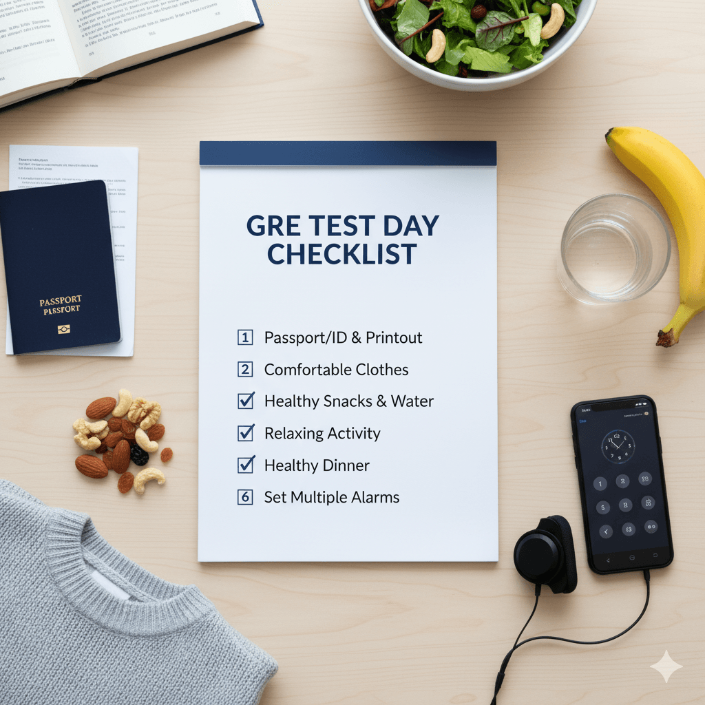 قائمة مرجعية لتجهيزات يوم اختبار GRE تشمل جواز السفر والوجبات الخفيفة والملابس المريحة